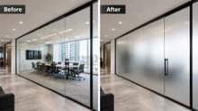 Before-and-after office glass partition showing clear glass replaced with frosted glass for improved workplace privacy.
