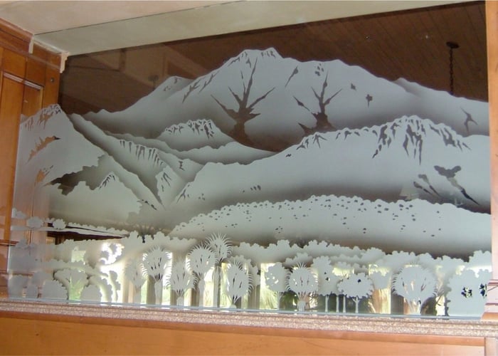 frosted glass partitions panels with golf course scene surrounded by mountains and palm trees sans soucie art glass