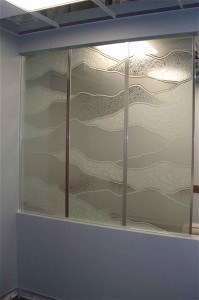 "Abstract Hills" Wall Partition Glass.  The 3 panel wall partition features 4 different textures and are separated by carved bands that are bordered by a clear pinstripe.