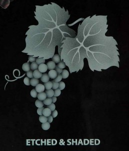 A cluster of grapes that has been "etched & shaded".   This method provides wonderful "definition" or "depth" of the images within the deign, but they are "two dimensional" only.