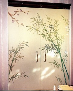 "Bamboo Forest" Frameless, all glass entry doors.  Carved & painted with a solid frosted background for privacy.