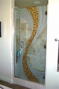"Cyclone" shower door with narrow side panel.  Center section is 3-dimensionally carved and painted, side waves are carved and shaded.