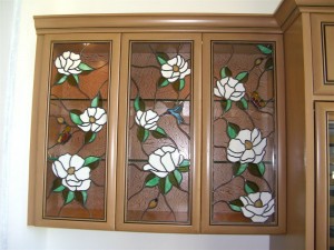 "Magnolias & Hummingbirds" custom cabinet glass.