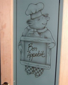 "Piggy Chef" Pantry Door Glass.  Surface etched, multi-stage sandblast design.