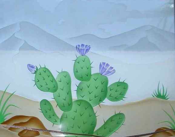 Painted Glass Window, Pear Cactus in Bloom