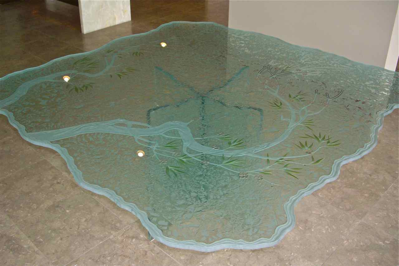 etched glass dining table top painted glass cherry blossom tree branch - 5