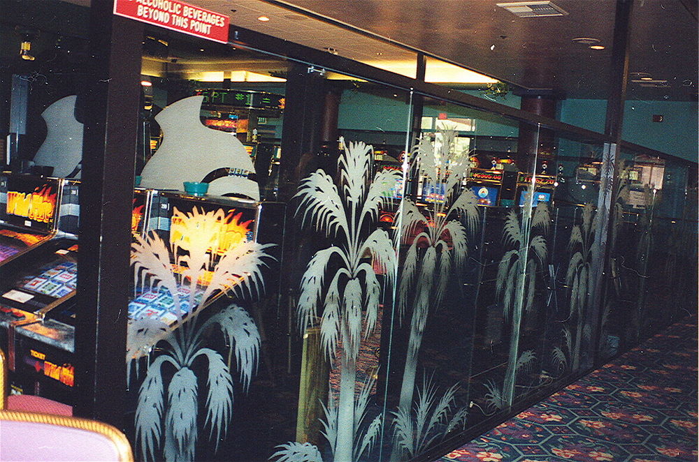 "Spa Casino Palms" wall and partition glass at the Spa Resort Casino in downtown Palm Springs, California