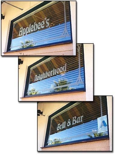 Etched glass entry windows, Applebee's Cathedral City, California