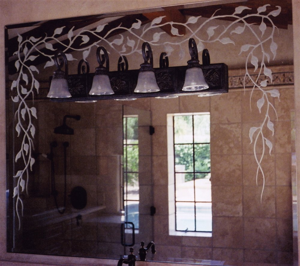 "Cascading Vines", beveled mirror, etched and carved on the front surface.