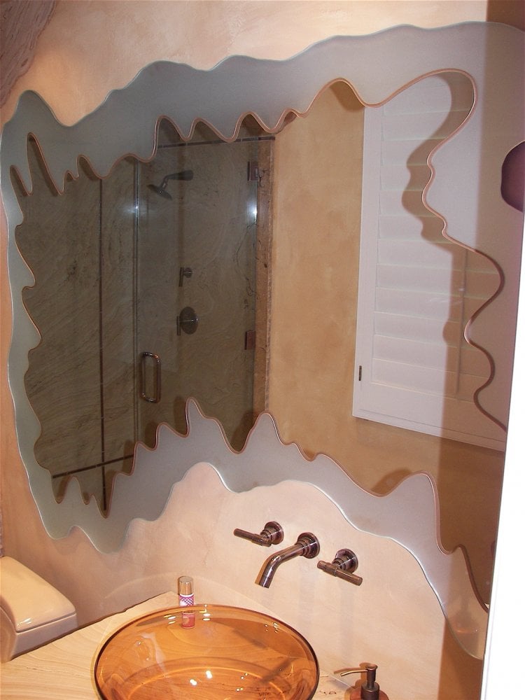 Custom Vanity Mirror, etched/frosted irregular edges, with an added colored glass pinstripe to the inside.