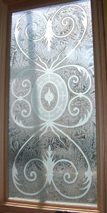 decoraitve glass window etched wrought iron