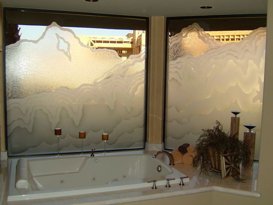 Tub window glass etched and carved with Rugged Retreat.