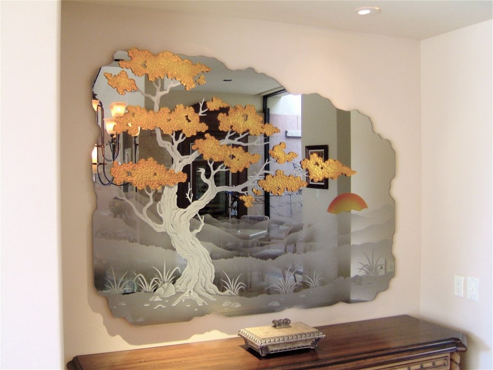 "Golden Cypress", etched, hand carved and painted decorative mirror.