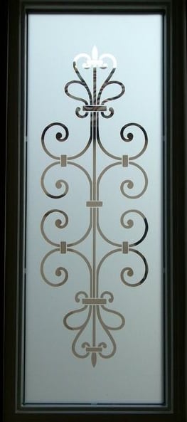 An Etched Glass Window with a clear ironwork motif.  This window will provide some privacy when viewed from a distance, but of course when the glass is closely approached, visibility will be possible through the wide clear bands. 