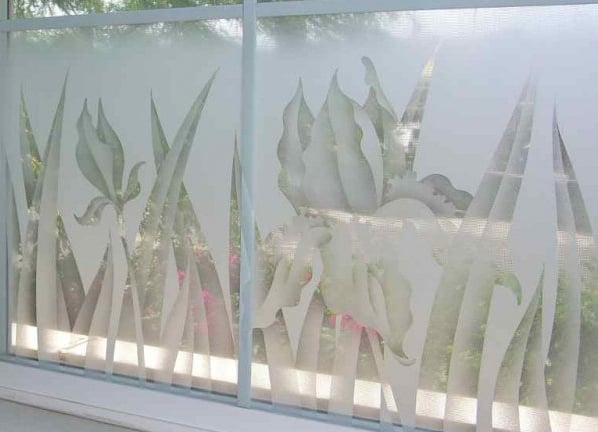 This photo really represents well, what an "etched and SHADED" design element will look like.  These Iris Flowers and Leaves or Reeds are etched and shaded, while the background is solid etched, or frosted.  Just a small degree of privacy was needed, in the lower portion of these  multi-lite windows.