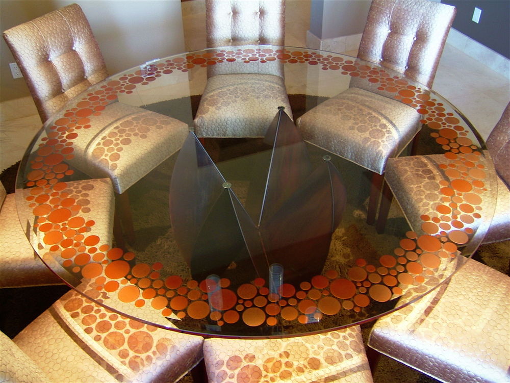 Glass Dining Table, Carved Painted Orange Bubbles around the border