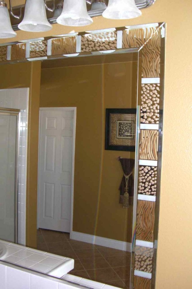 "Animal Print" bathroom vanity mirror, beveled frame.