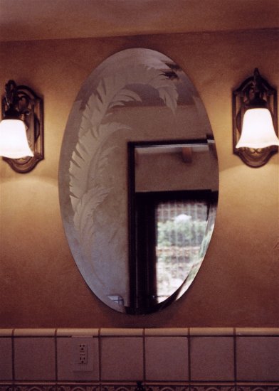 Oval Mirror beveled etched and carved glass, bathroom vanity mirror.