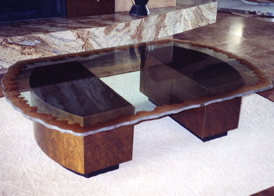 Rectangle glass Table, "Sienna" Cocktail Table Carved Painted