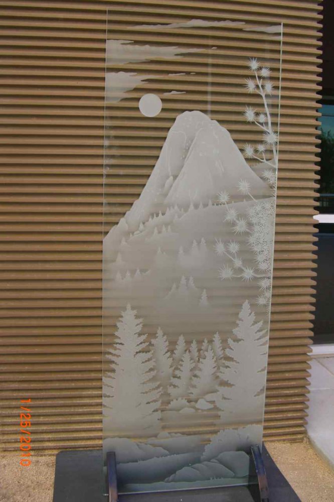 etched glass door mountain landscape scene