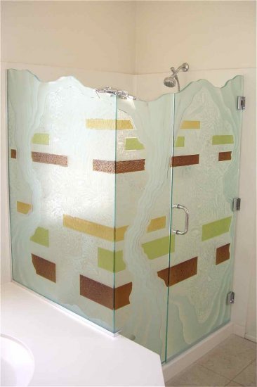 Shower enclosure, coordinated with bathroom vanity glass.  "Triptic" design.