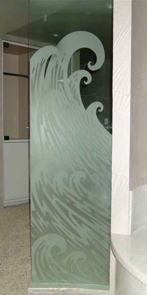 bathroom divider glass frosted carved ocean wave
