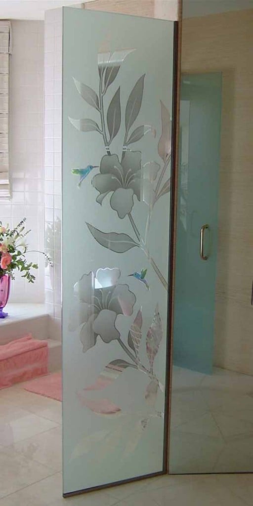 decorative etched glass free standing divider hibiscus hummingbirds