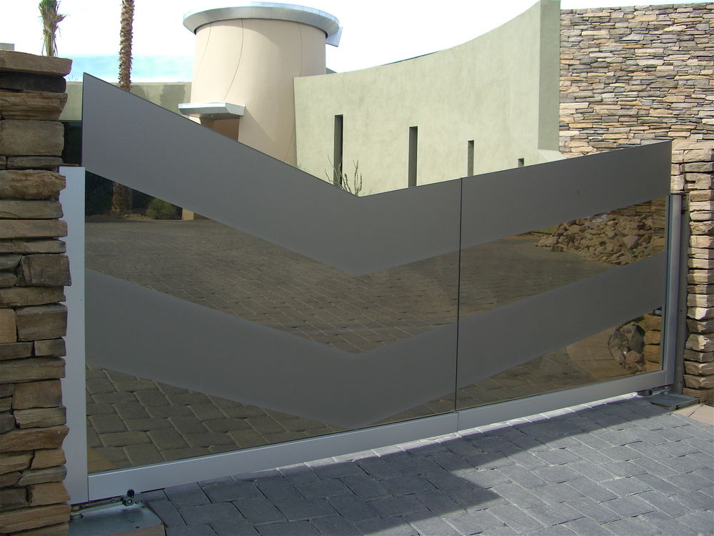 "Streamline"  All Glass Entry Gate, Frosted Glass design on Bronze Glass