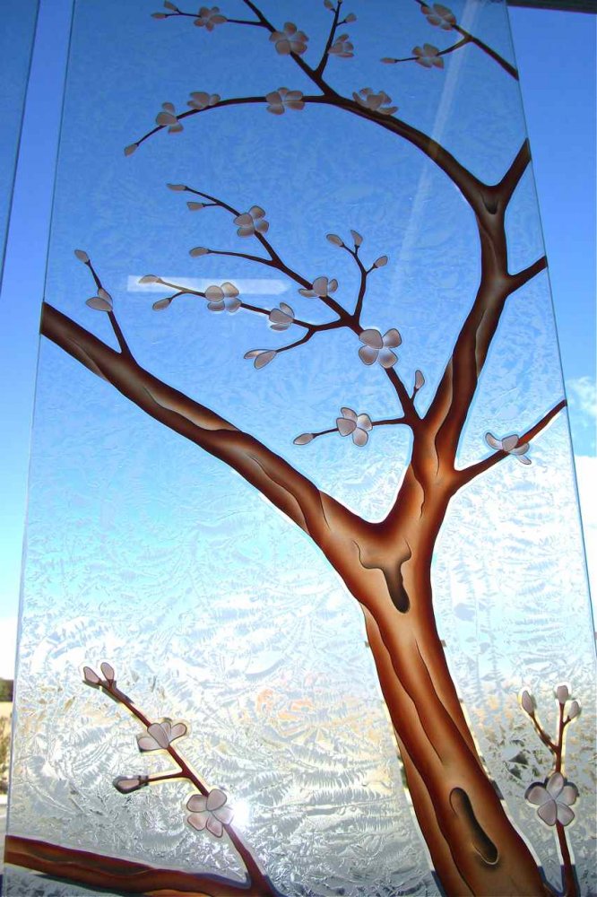 decorative glass door cherry blossom tree frosted painted