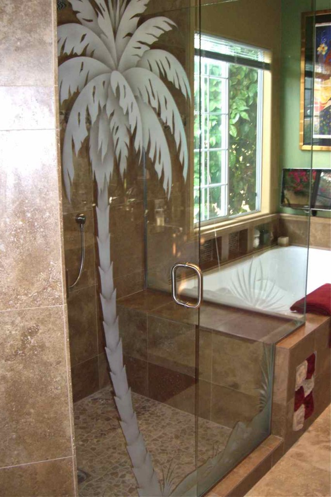 Etched Glass Shower Door: Desert Palm Tree Scene | Sans Soucie