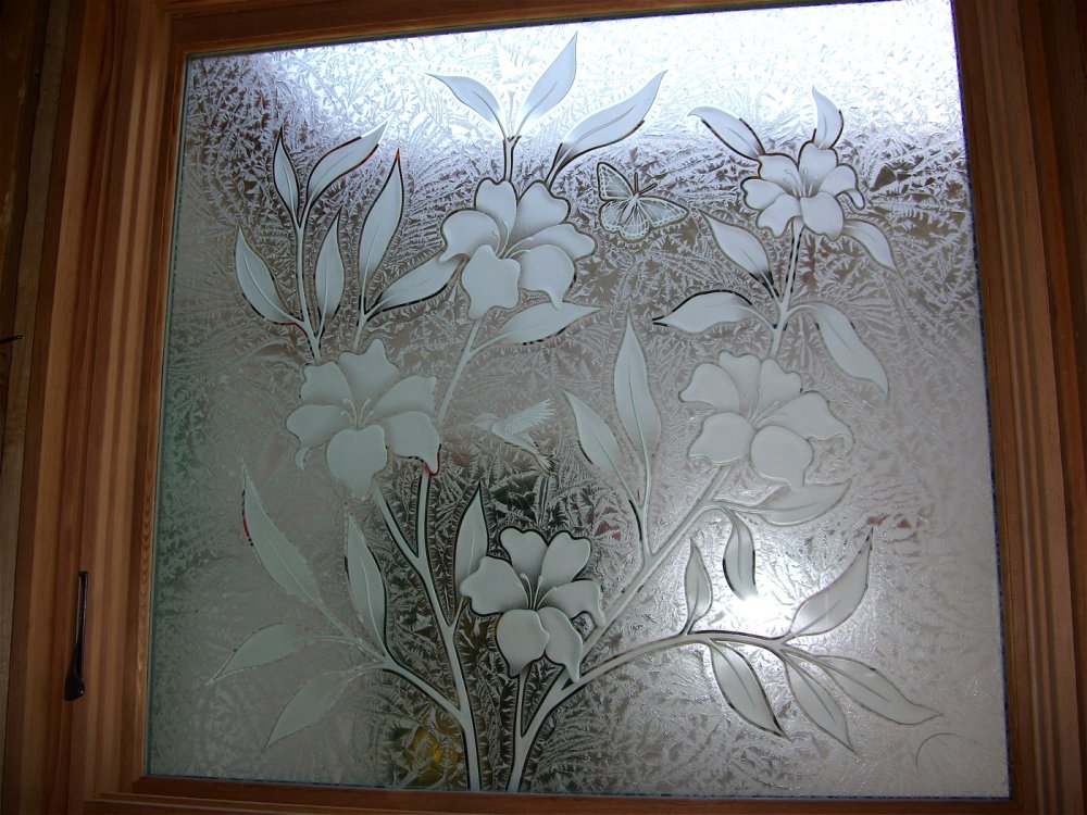 Etched Decorative Glass Window Hibiscus Flower Hummingbird 