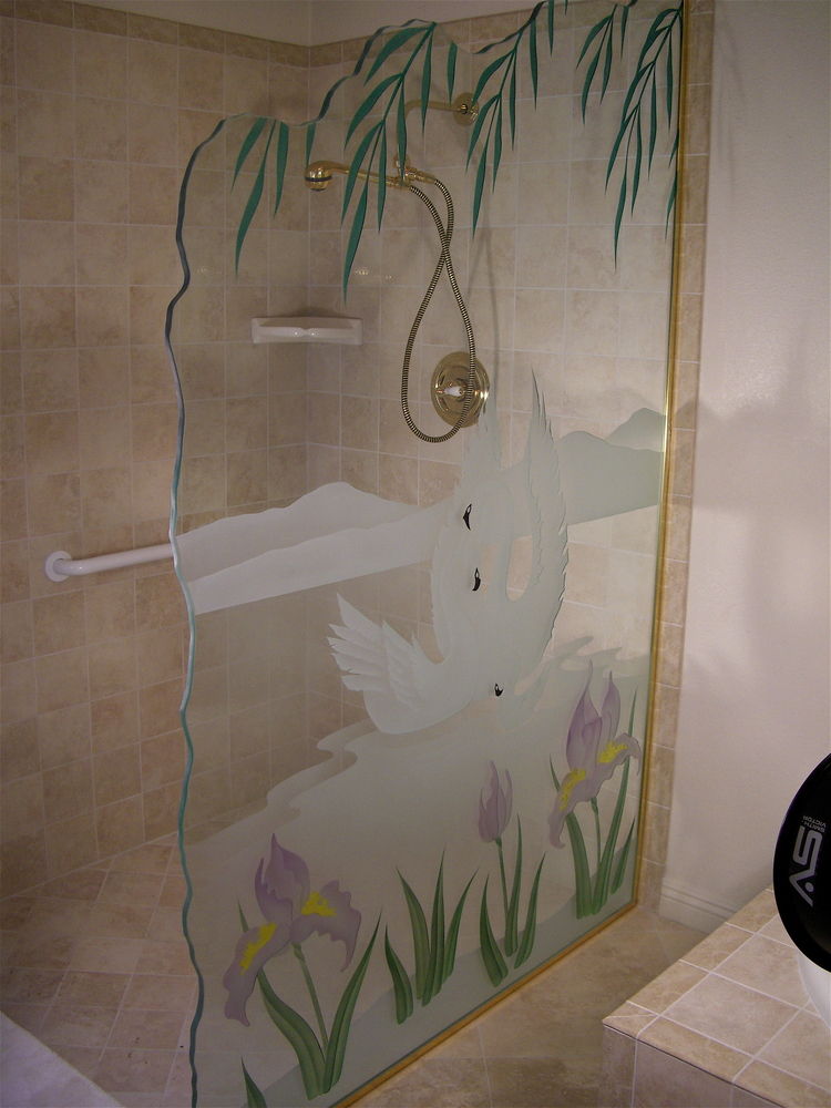 Swan Song Etched Glass Shower Divider - 3D Carved and Painted, Chiseled Irregular Edges