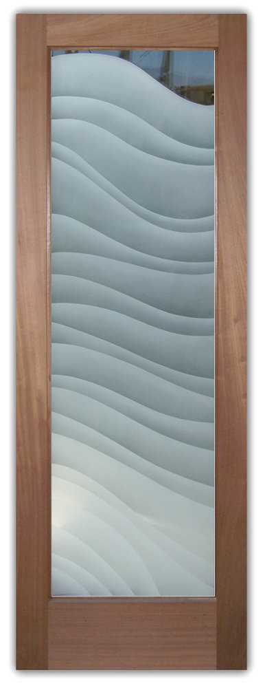 beach house interior doors with dreamy waves glass insert, wood interior door with frosted wave pattern coastal design