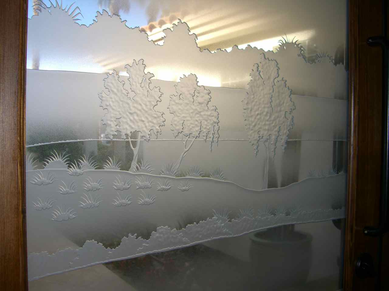 etched glass window landscape