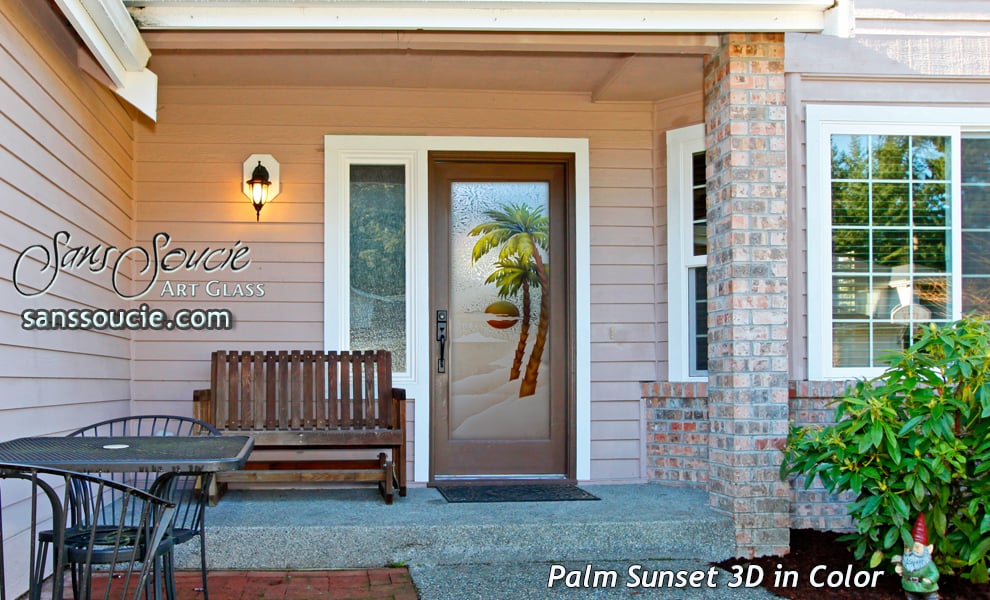 Palm Sunset Semi-Private 3D Enhanced Painted Gluechip Glass Doors Exterior Interior Glass Door Sans Soucie