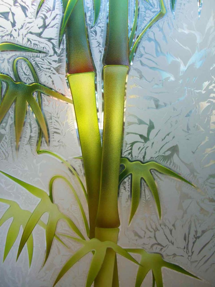 A detailed view of hand-carved Bamboo Shoots glass design with vibrant green tones and etched background, perfect for a black entry door with glass that brings organic elegance and natural light.