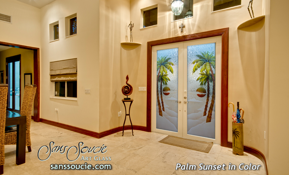 Palm Sunset Semi-Private 3D Enhanced Painted Gluechip Glass Finish Beach Decor Glass Entry Doors Sans Soucie