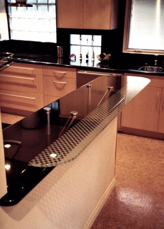 Glass Counter featuring a Frosted Glass Geometric Design Sandblast Etched Glass Checkerboard Design by Sans Soucie