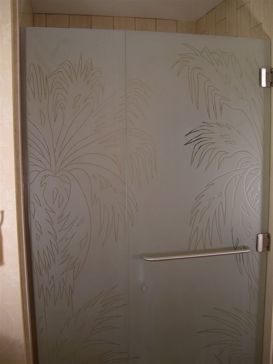Shower Enclosure with a Frosted Glass Fan Palm Palm Trees Design for Semi-Private by Sans Soucie Art Glass
