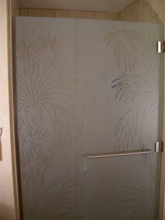Shower Enclosure with a Frosted Glass Fan Palm Palm Trees Design for Semi-Private by Sans Soucie Art Glass