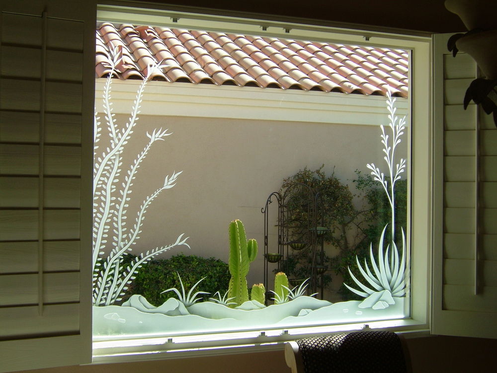 Custom frosted glass window with etched desert plant design, decorative fixed window frosted glass by Sans Soucie Art Glass