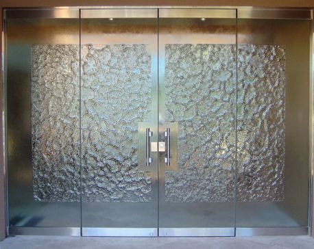 Exterior Glass Door with a Frosted Glass Glass Stone - Cast Glass CGI Stone Exterior Patterns Design for Semi-Private by Sans Soucie Art Glass