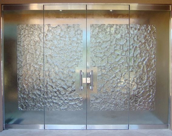 All Glass Front Door with a Frosted Glass Glass Stone - Cast Glass CGI Stone Exterior Patterns Design for Semi-Private by Sans Soucie Art Glass