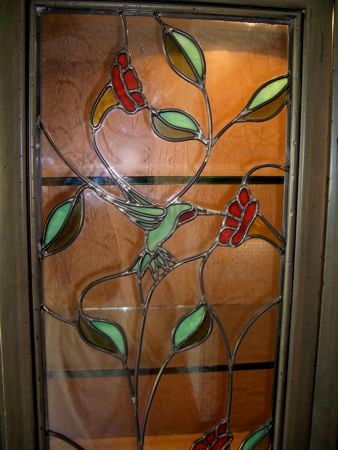 Cabinet Glass featuring a Frosted Glass Floral Design Sandblast Etched Glass Hummingbird Honeysuckle Design by Sans Soucie