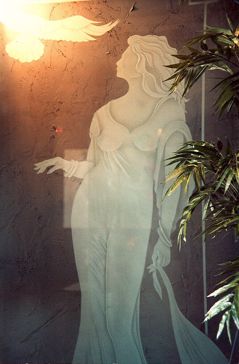 Handmade Sandblasted Frosted Glass Divider for Semi-Private Featuring a Portraitures Design Lady and the Falcon by Sans Soucie