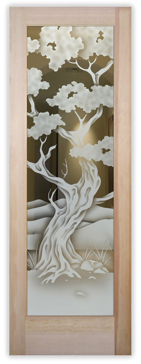 Art Glass Interior Door Featuring Sandblast Frosted Glass by Sans Soucie for Semi-Private with Asian Bonsai Design