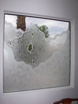 Semi-Private Window with Sandblast Etched Glass Art by Sans Soucie Featuring Rugged Retreat Abstract Design