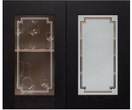 Handcrafted Etched Glass Cabinet Glass by Sans Soucie Art Glass with Custom Borders Design Called Basic Stepped Corners Border Creating Semi-Private