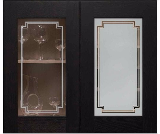 Cabinet Glass featuring Frosted Glass Design Etched Glass by Sans Soucie Art Glass with Custom Borders Design Basic Stepped Corners Border