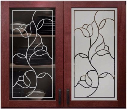 Art Glass Cabinet Glass Featuring Sandblast Frosted Glass by Sans Soucie for Semi-Private with Traditional Faux Leaded Roses Design